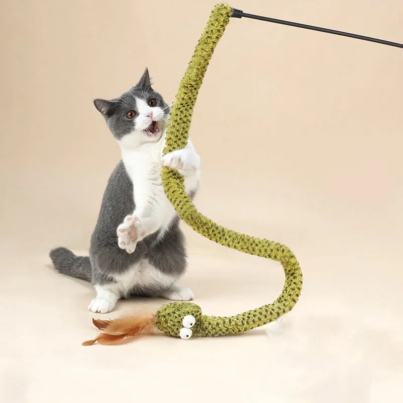 Green snake cat teasing stick with feather attachment on 140 cm pole for interactive cat play