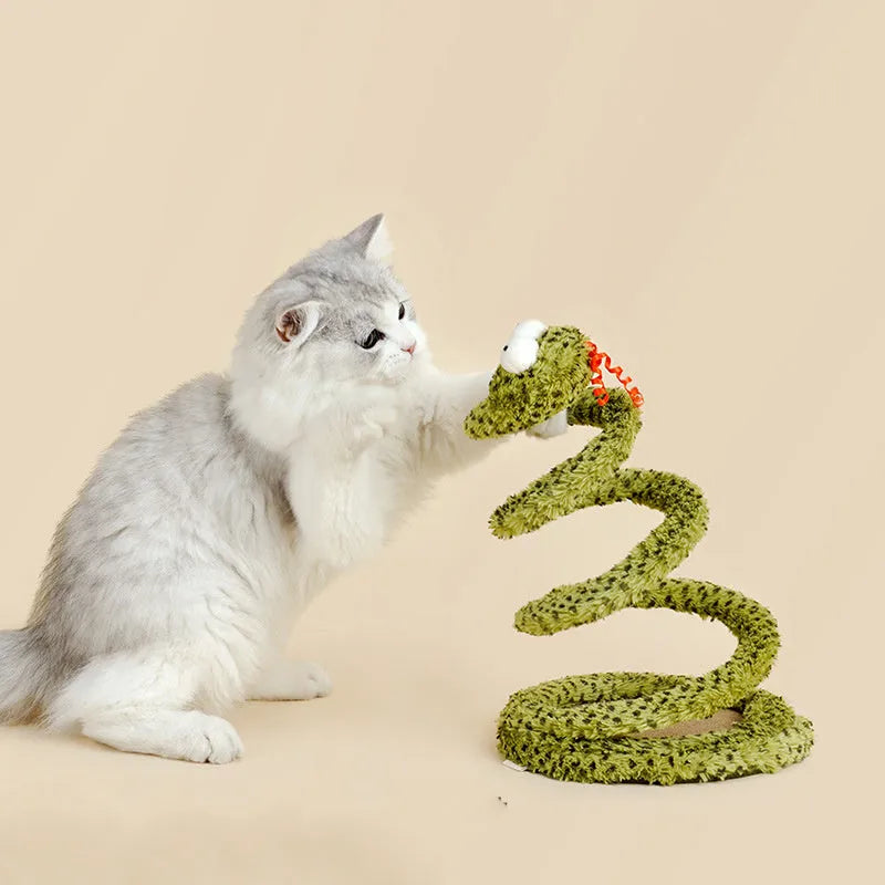 Green snake cat teasing stick with feather attachment on 140 cm pole for interactive cat play
