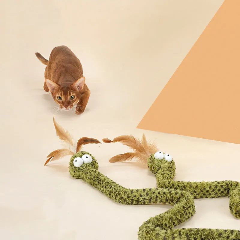 Green snake cat teasing stick with feather attachment on 140 cm pole for interactive cat play
