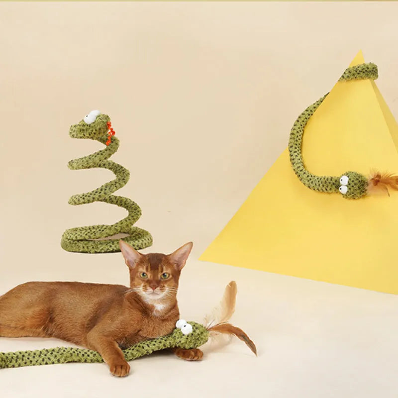 Green snake cat teasing stick with feather attachment on 140 cm pole for interactive cat play