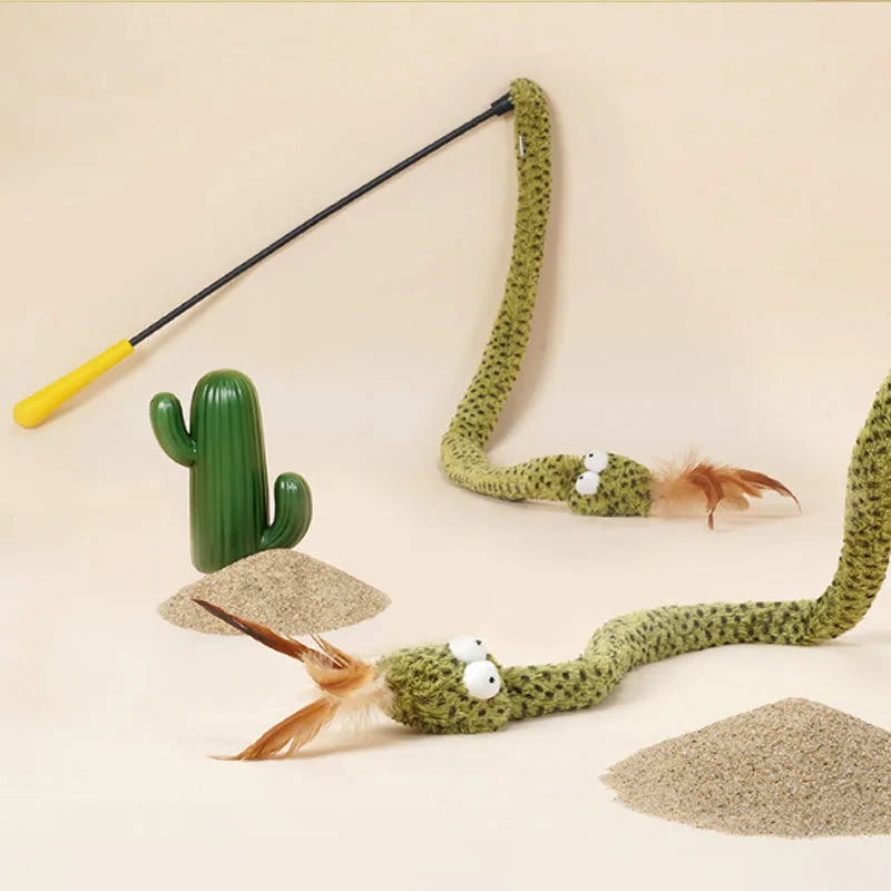 Green snake cat teasing stick with feather attachment on 140 cm pole for interactive cat play
