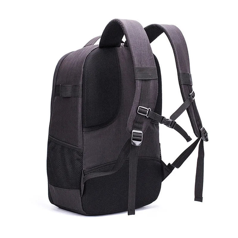 Black waterproof Oxford cloth drone backpack with 52cm dimensions and multiple zipper pockets for camera and laptop storage