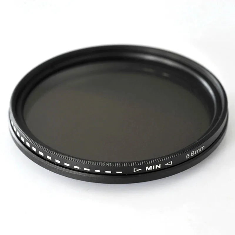 Adjustable multi-diameter neutral density camera filter with ND-2, ND-4, ND-8, and ND-400 grayscale options.