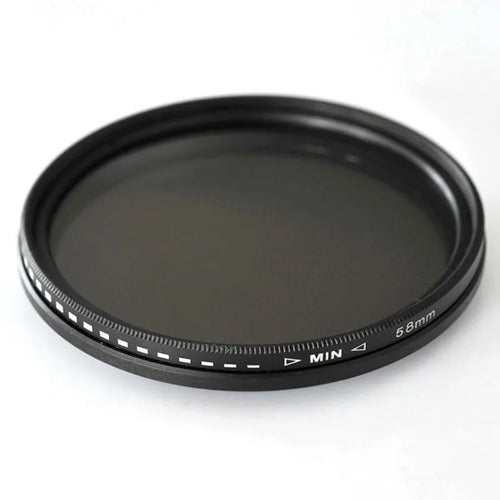 Adjustable multi-diameter neutral density camera filter with ND-2, ND-4, ND-8, and ND-400 grayscale options.