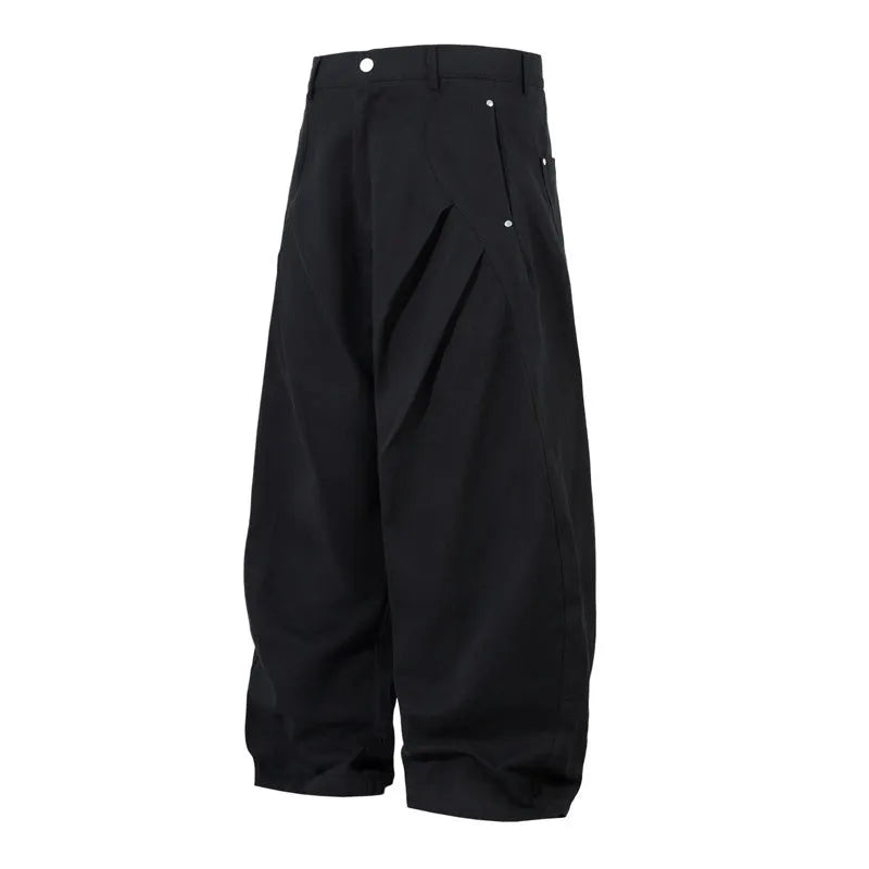 Men's black pleated machete casual trousers with loose-fitting wide-leg design and cotton fabric
