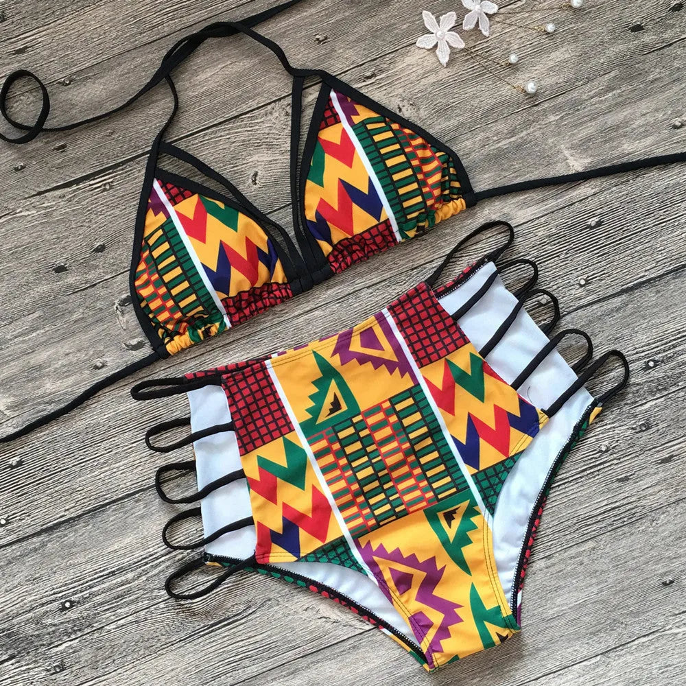 Women's high-waisted bikini swimsuit with backless design and digital printing in various colours