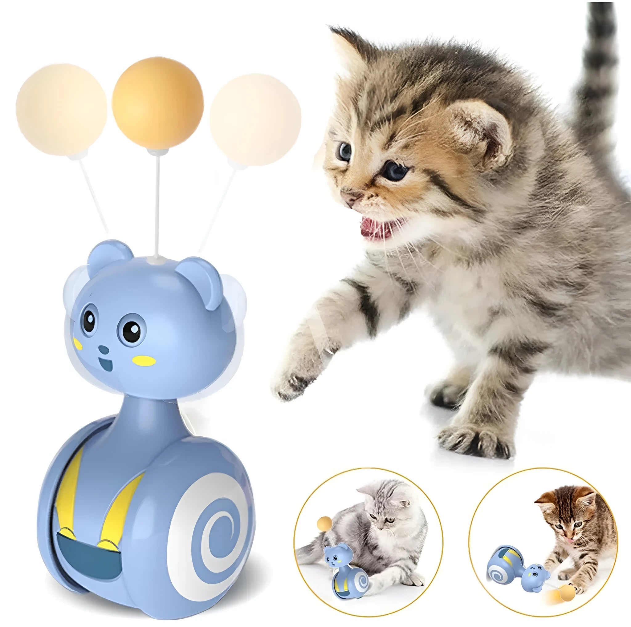 Interactive cat feather wand toy with rolling ball tumbler in pink and blue colour options