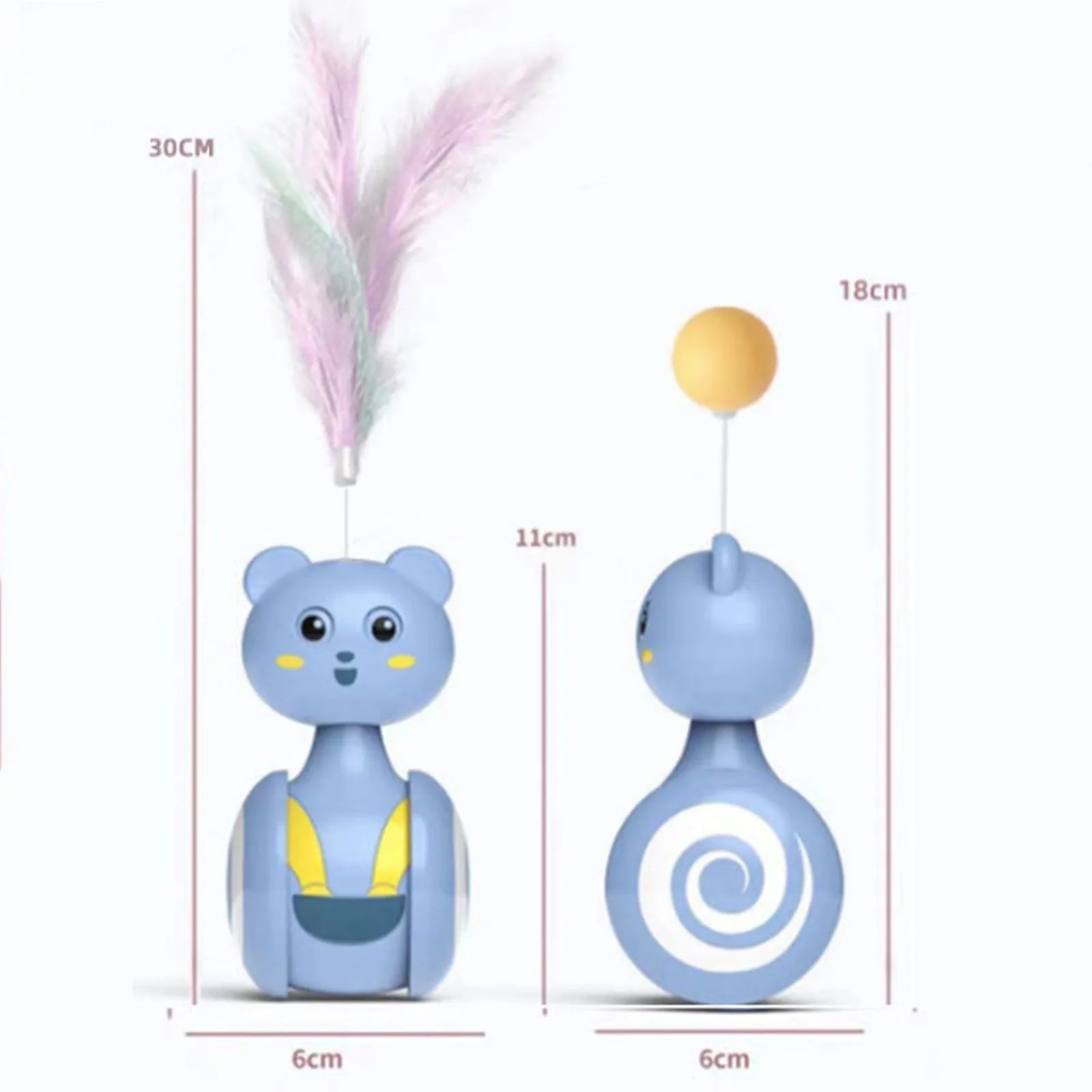Interactive cat feather wand toy with rolling ball tumbler in pink and blue colour options
