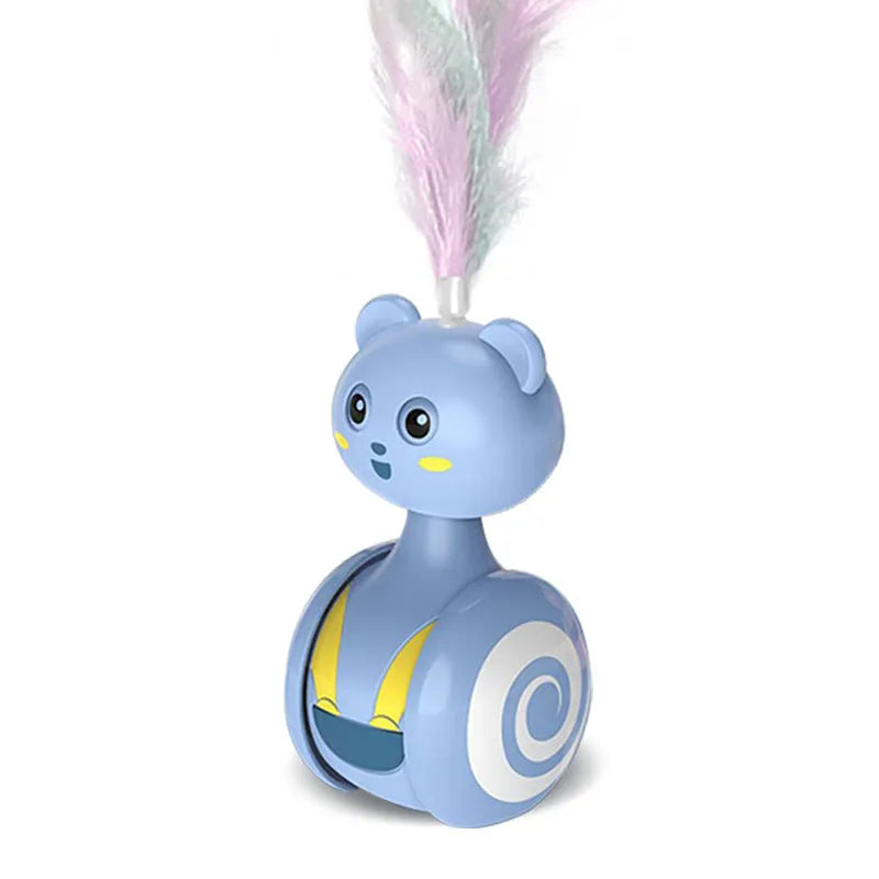 Interactive cat feather wand toy with rolling ball tumbler in pink and blue colour options