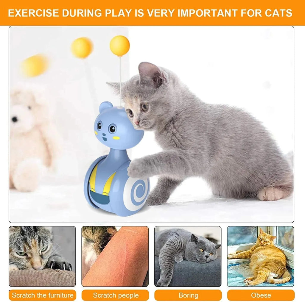 Interactive cat feather wand toy with rolling ball tumbler in pink and blue colour options