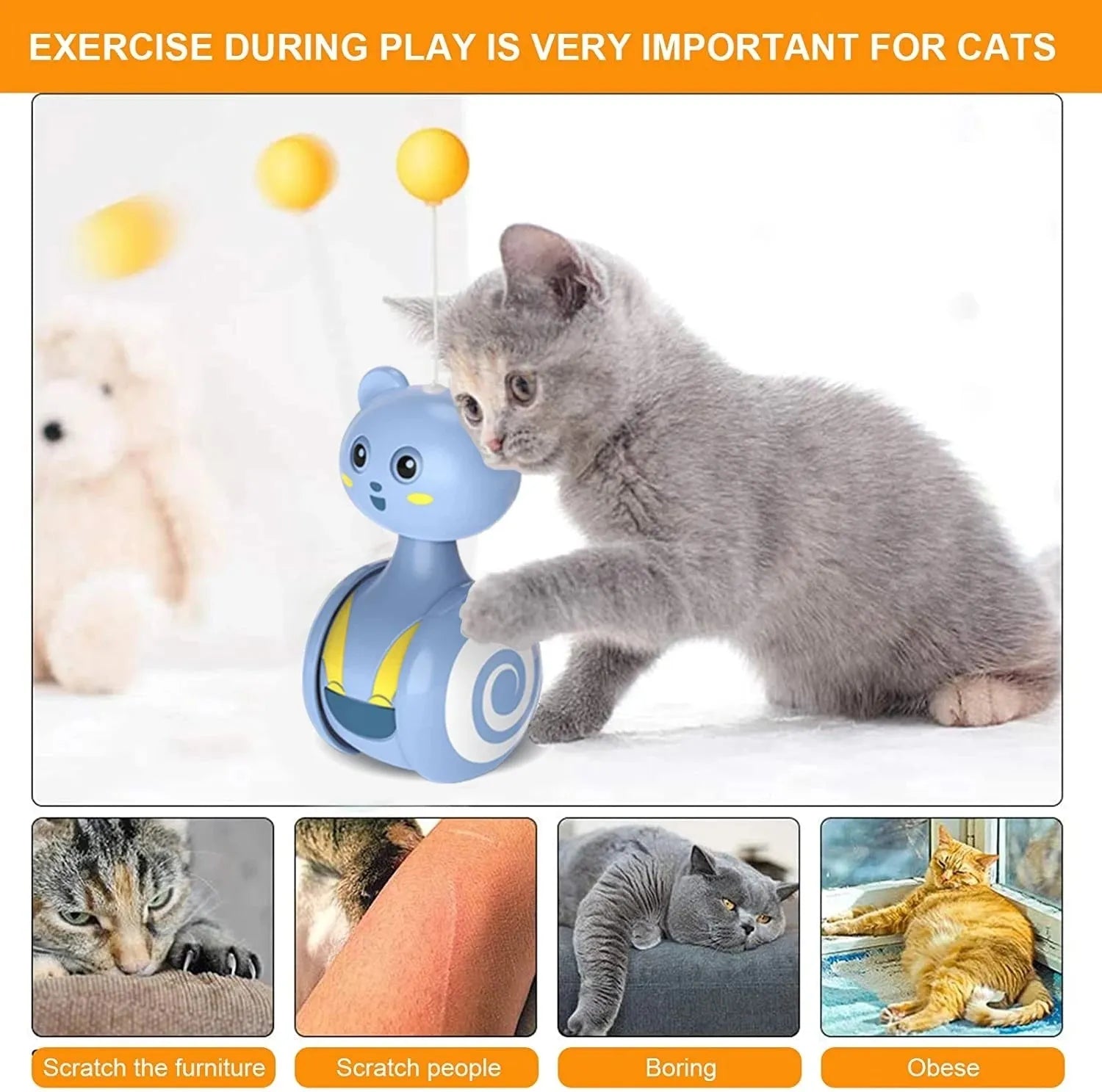 Interactive cat feather wand toy with rolling ball tumbler in pink and blue colour options