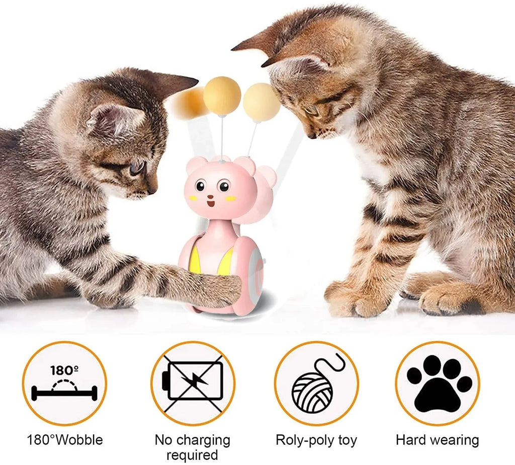 Interactive cat feather wand toy with rolling ball tumbler in pink and blue colour options