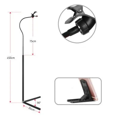 Black and white universal mobile phone holder shown as a bedside bracket and an under-bed floor stand.
