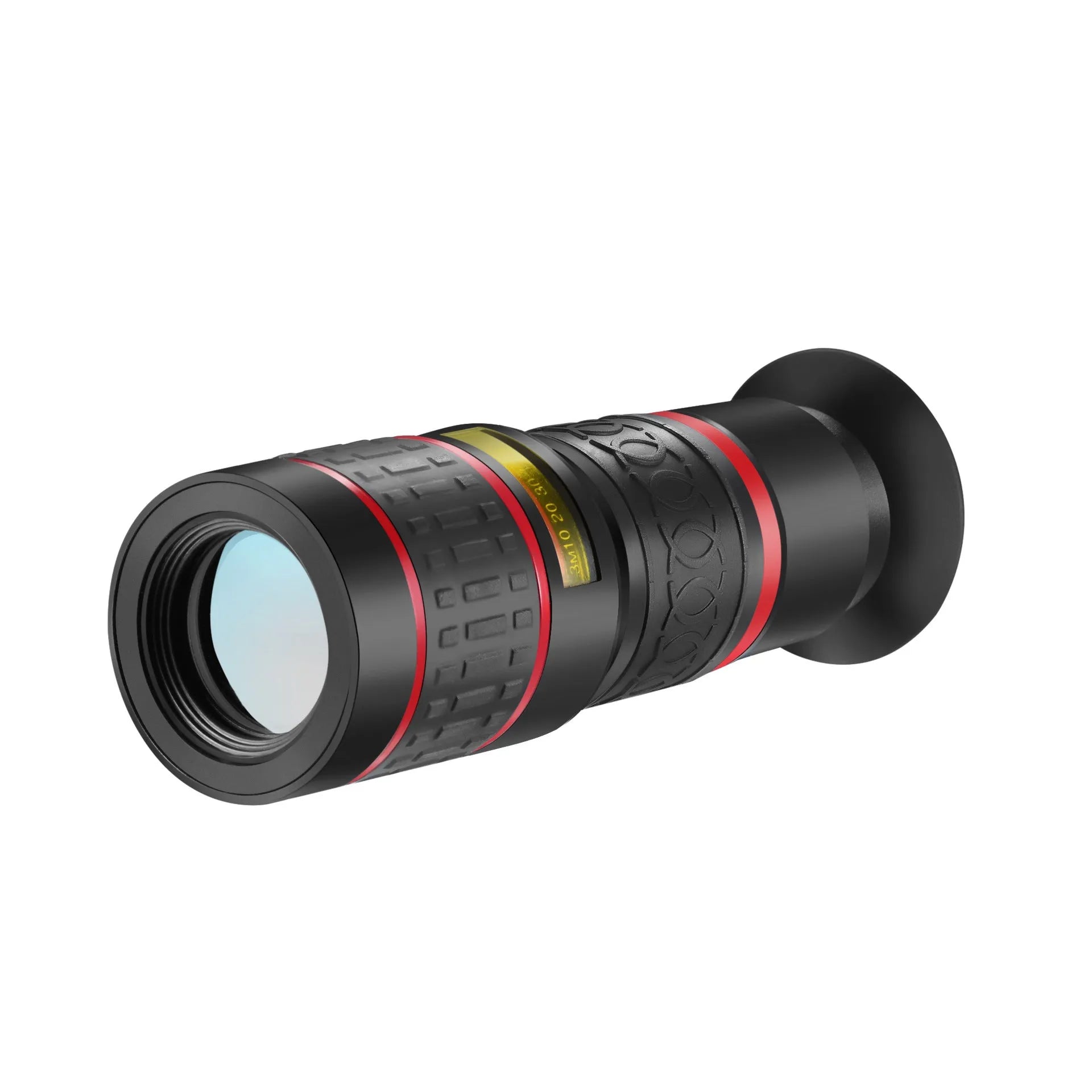 20x mobile phone telescope lens with universal mounting clip and single eye mask on a white background.