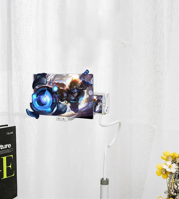 Black mobile phone screen amplifier with adjustable folding bracket on a 12-inch acrylic display