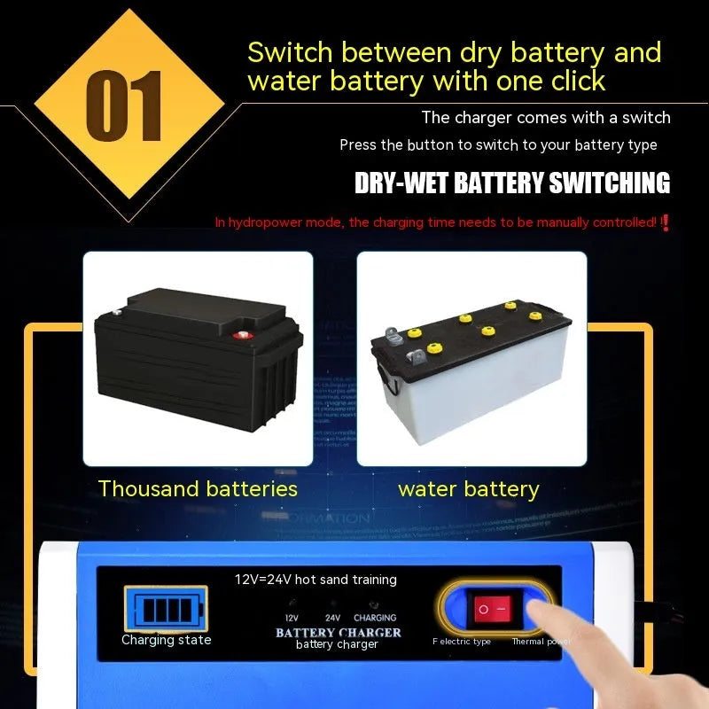 Blue car motorcycle storage battery charger with UK plug and indicator light, 22x10x7cm