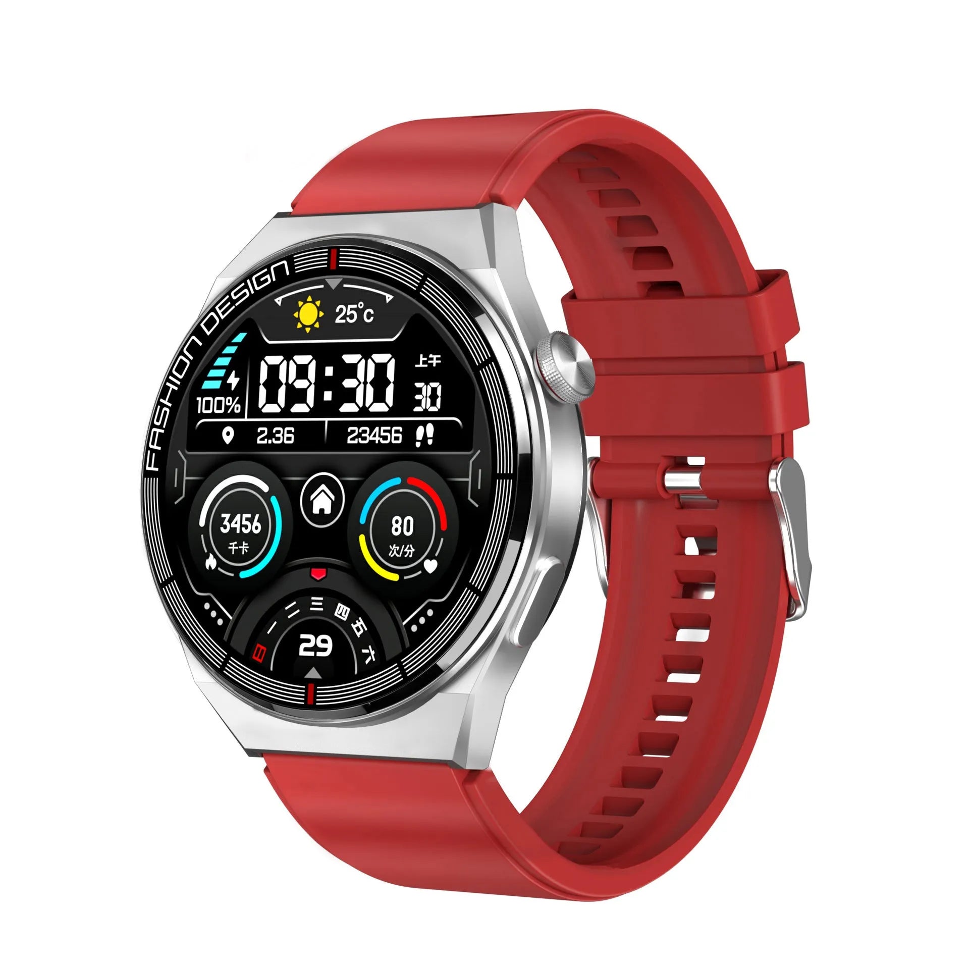 Black smartwatch with circular 46mm dial on a silicone strap, showing a heart rate monitoring display on its screen.