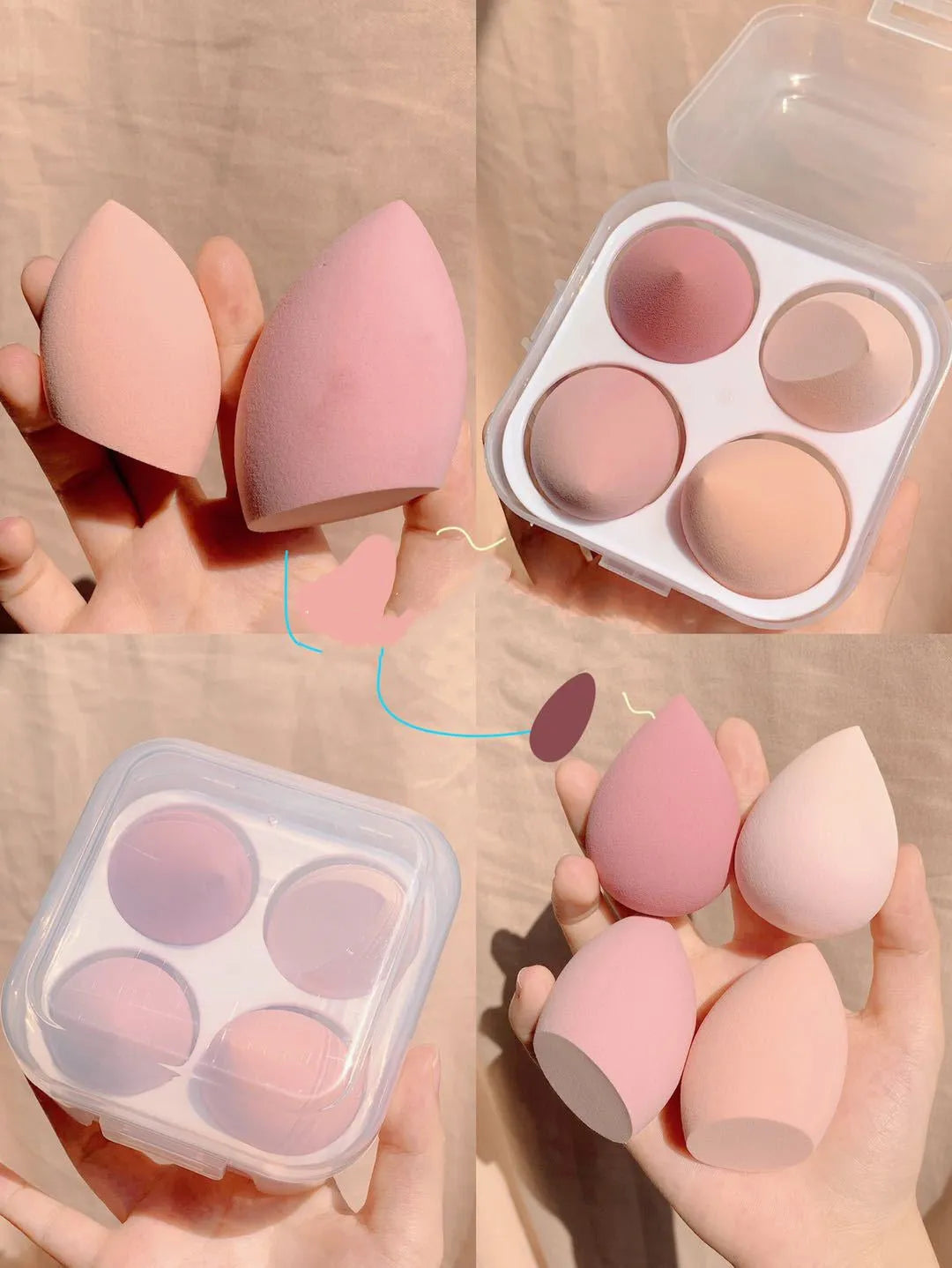 Four makeup sponge eggs in colours grape, mango, mint, and peach on a white background.