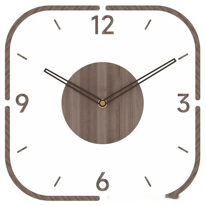 35 cm square transparent wooden wall clock with modern design on white wall