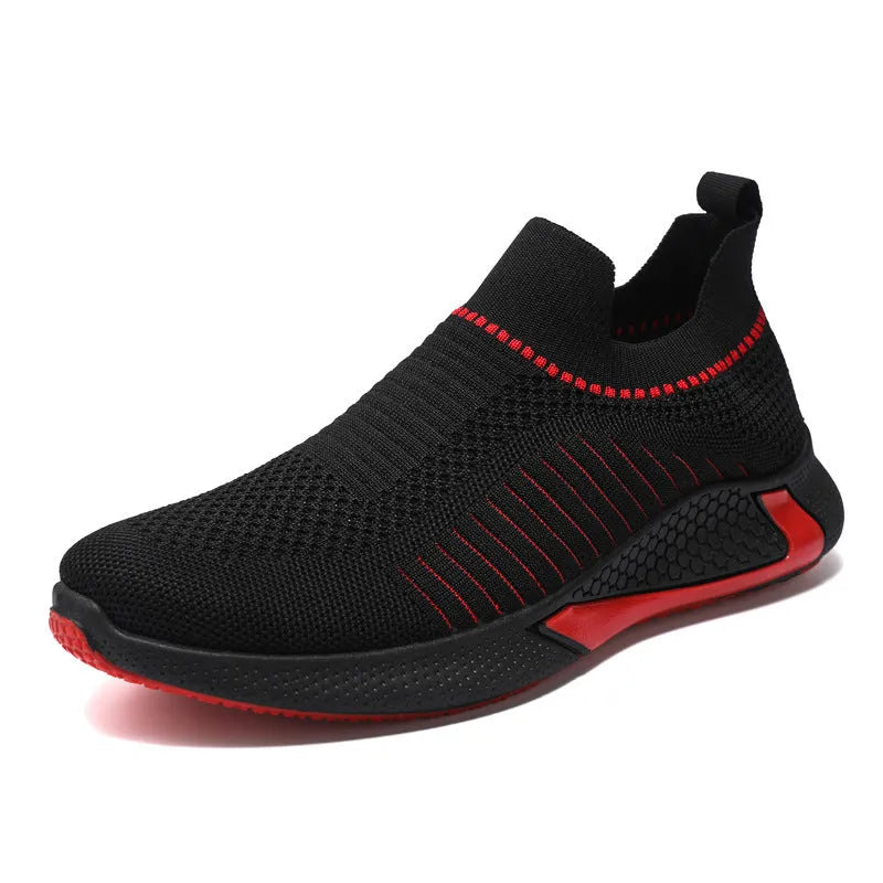 Men's mesh sock shoes with striped design, lightweight slip-on sneakers in black colour