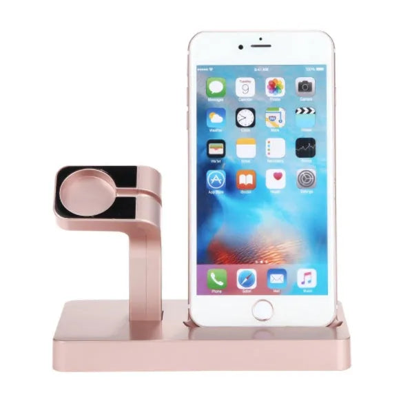 White 2-in-1 charging dock station holding iPhone and Apple Watch with cable management cutout