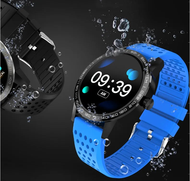 Slim black or blue smart bracelet with a 1.3-inch colour screen showing fitness metrics.