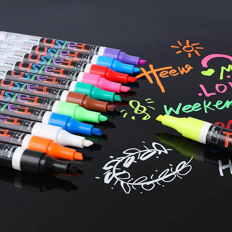 Electronic fluorescent highlighter pen with oblique chisel tip on card packaging, showing 8 colour or 12 colour refill options.