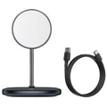 Black Swan magnetic wireless charging stand for Apple iPhone 12 series on a desk.