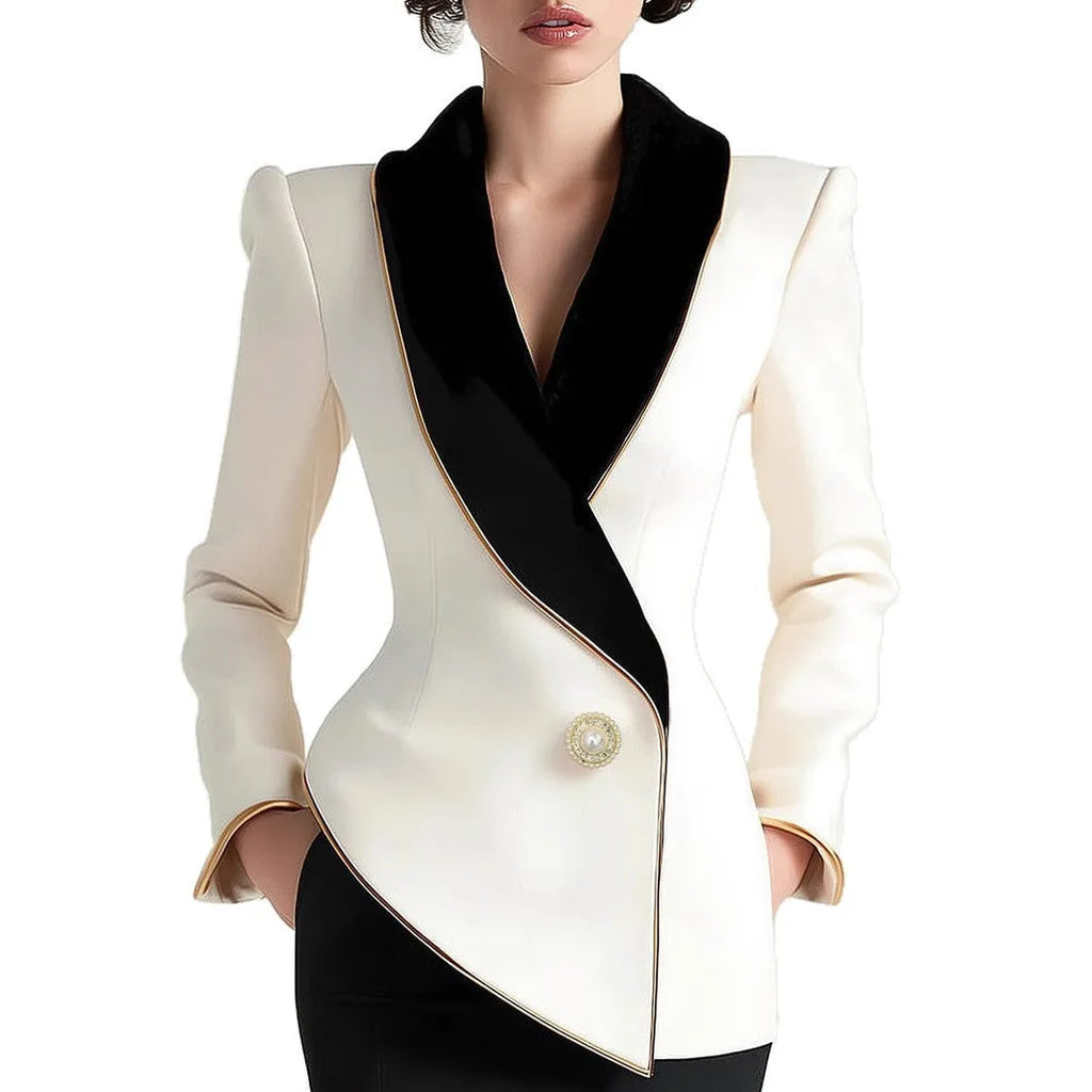 Women's milky white beige irregular coat with golden edge pearl buttons on TR fabric