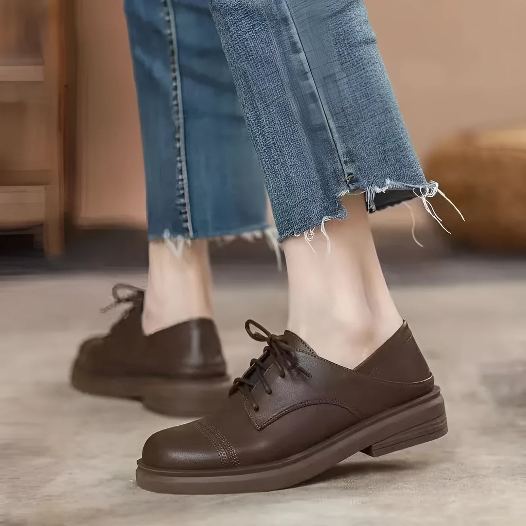 Slimming low heel British leather shoes women platform cross strap round toe professional shoes black