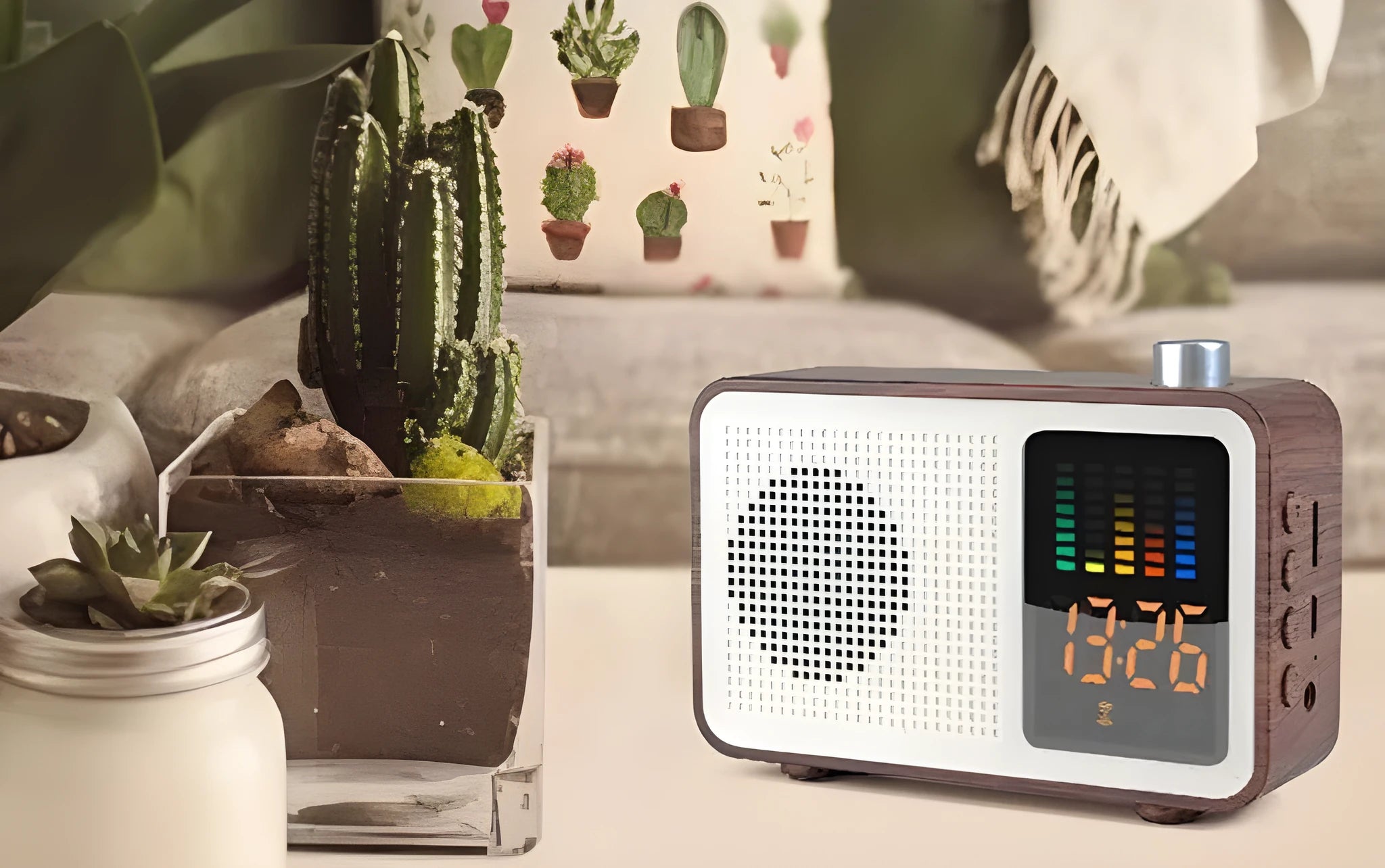 Brown retro radio bluetooth speaker with tuning knob and classic control panel for wireless streaming and radio listening