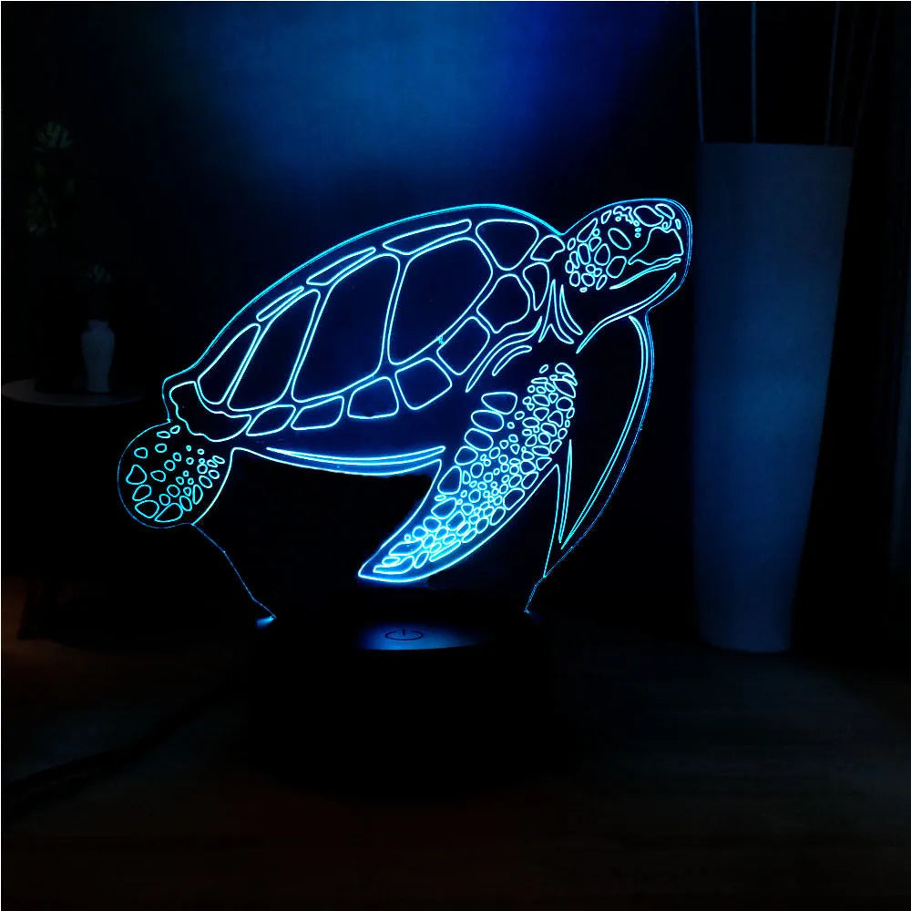 3D clear acrylic turtle-shaped LED night light showing multiple colour options.