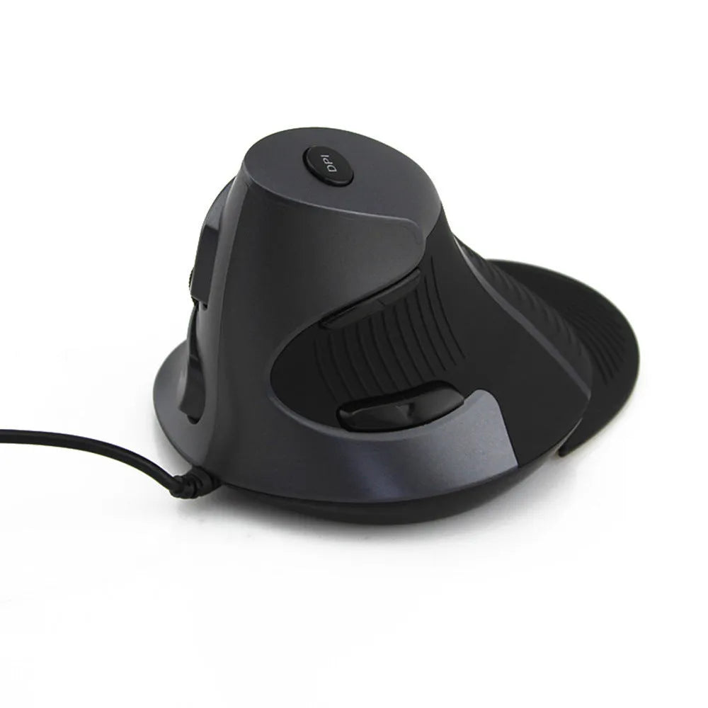 Right-handed black ergonomic vertical mouse with USB cable on a desktop.