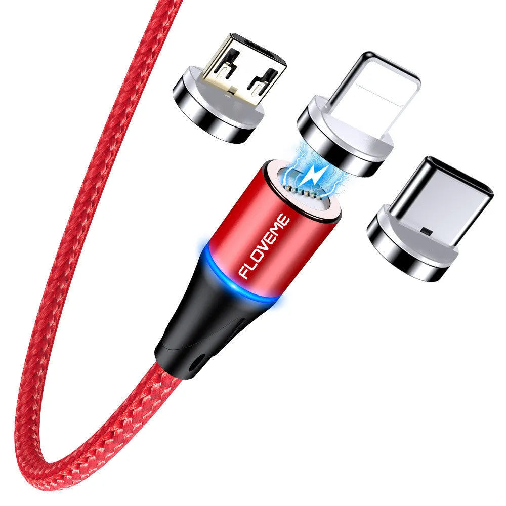 Magnetic USB fast charge and data cable for iPhone and Android phones in black, red, or silver.