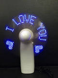 White handheld mini fan with LED lights displaying love pattern and I love you message