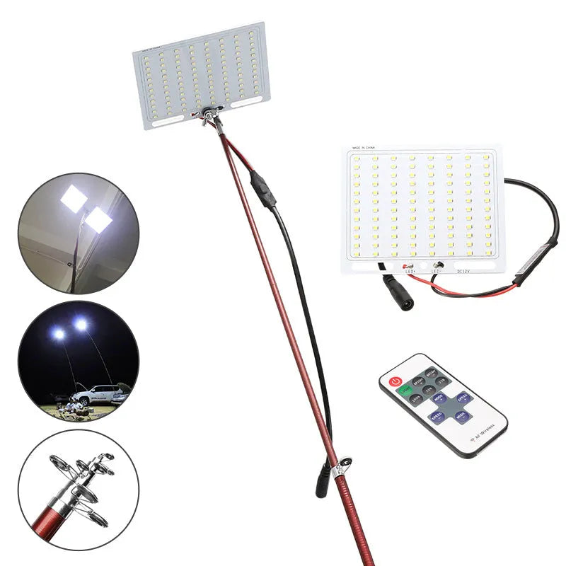 White LED fishing rod light with telescopic pole extended, showing remote control.