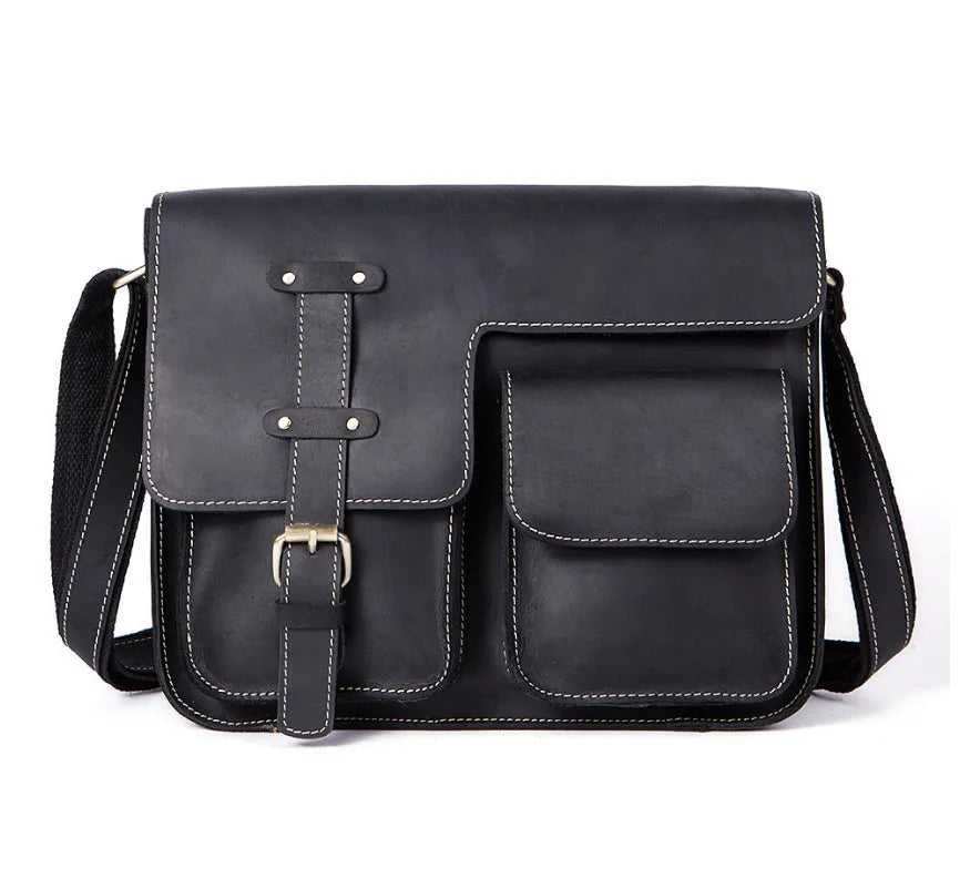 Brown leather vintage messenger bag with flap closure, antique buckle, and adjustable crossbody strap.