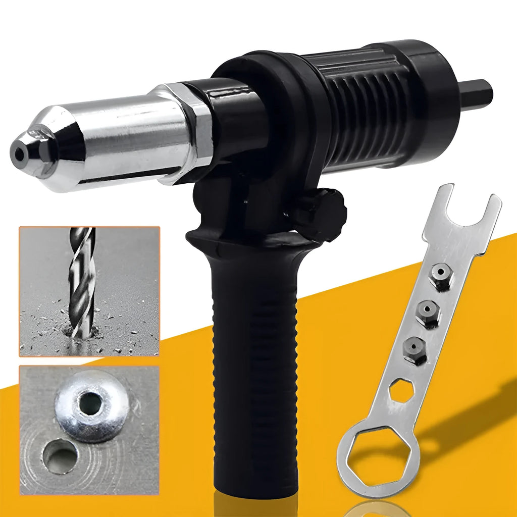 Black metal electric drill rivet gun with handle, wrench, and multiple rivet heads for industrial applications