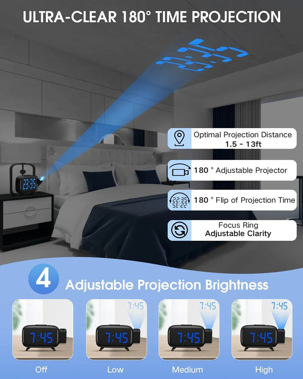 Multifunctional digital projection alarm clock with LED large screen, black, showing time and projection feature
