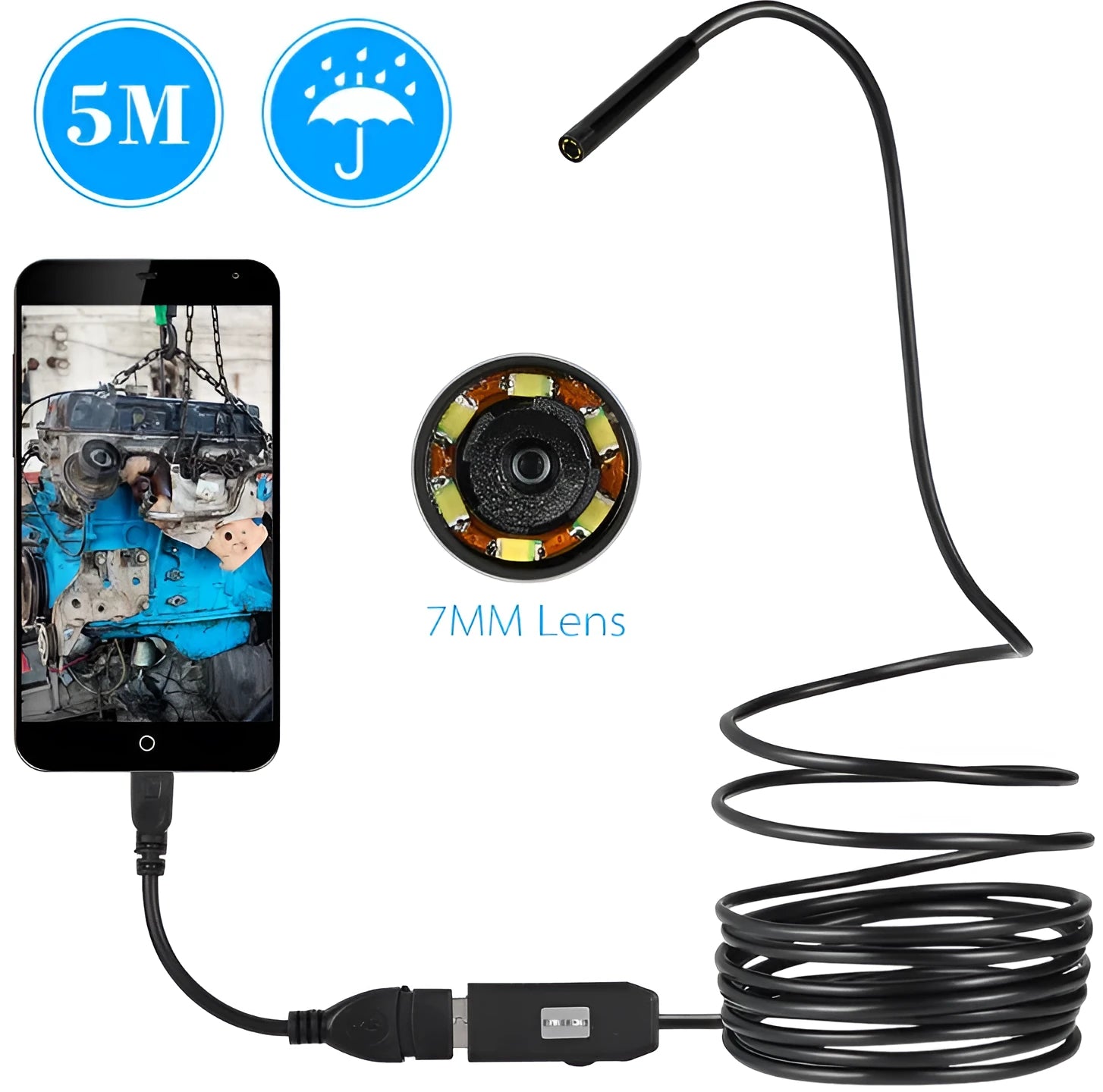 OWSOO USB endoscope camera with 5m cable, 6 LED lights, hook, magnet, and side mirror attachments