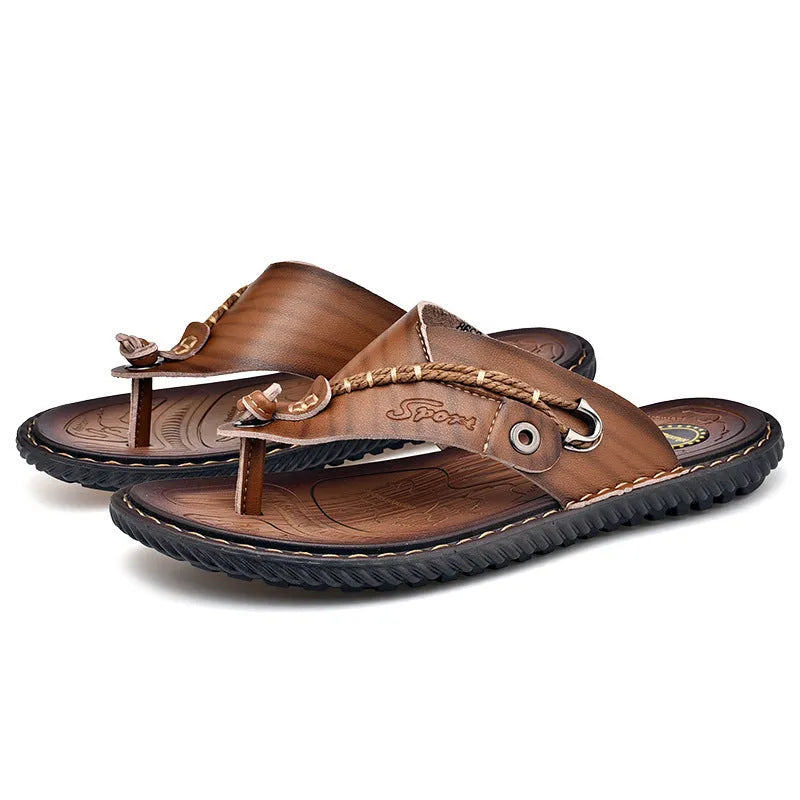 Men's black casual PU leather slippers with a non-slip sole, shown on a plain background.
