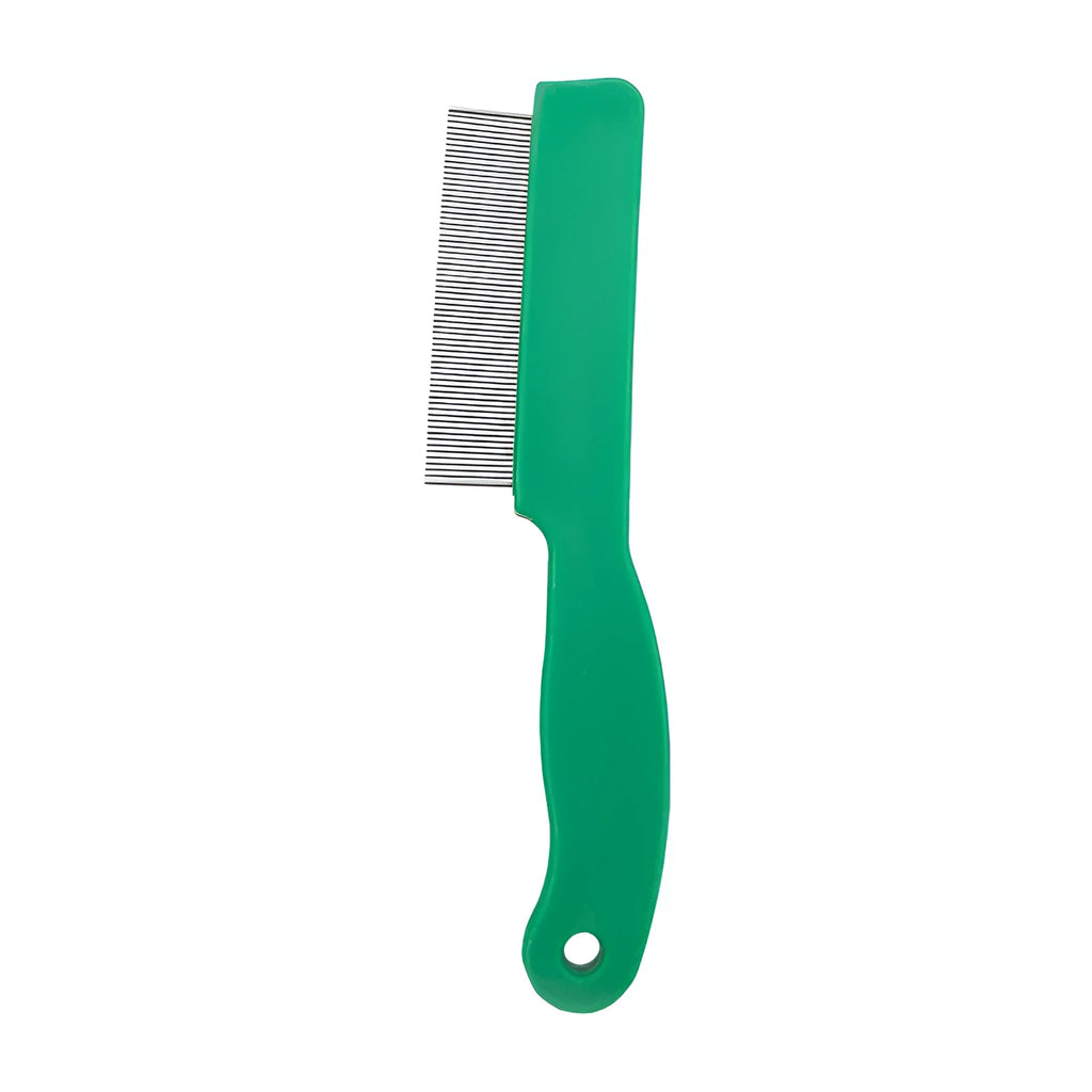 Green plastic handle stainless steel pet flea comb for dogs and cats on a white background.