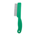 Green plastic handle stainless steel pet flea comb for dogs and cats on a white background.