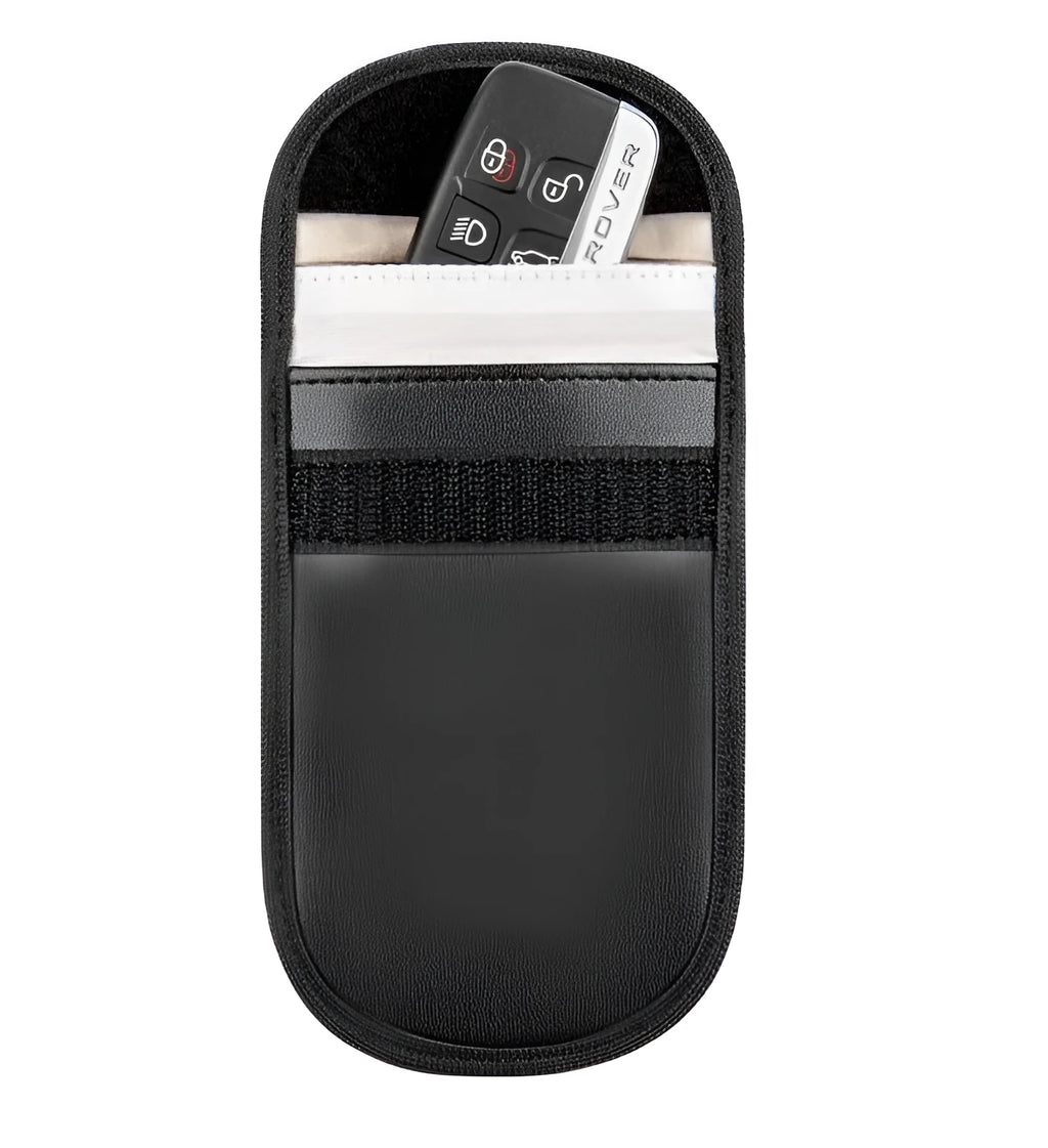 Black microfiber RFID blocking bag for mobile phones and credit cards, measuring 13.5 by 9.5 cm.