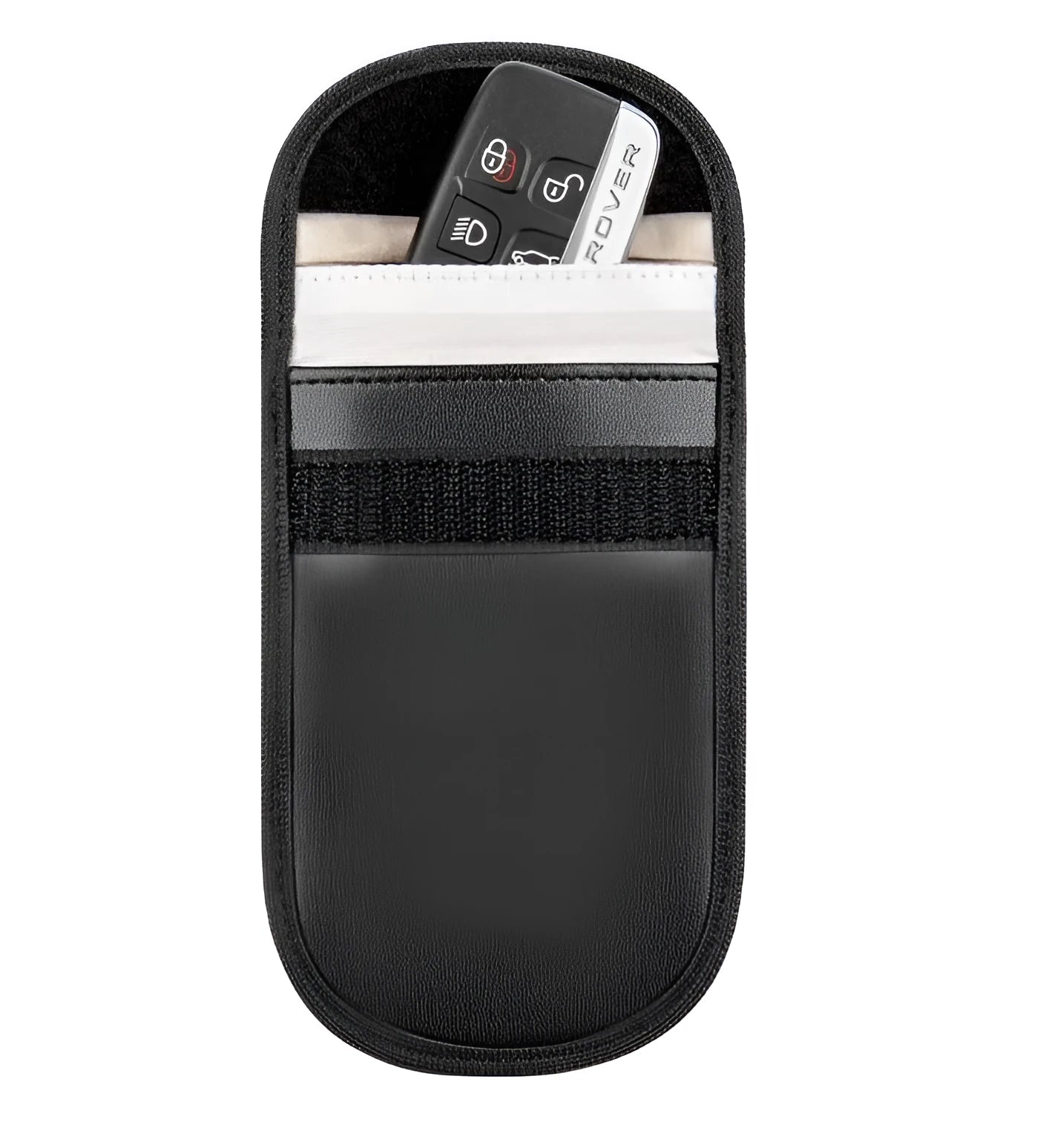 Black microfiber RFID blocking bag for mobile phones and credit cards, measuring 13.5 by 9.5 cm.