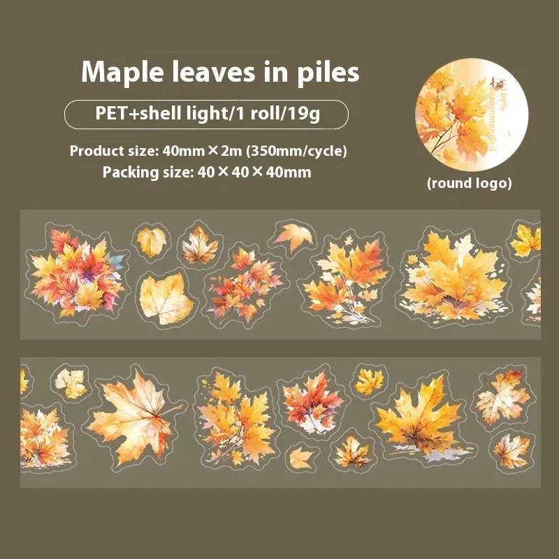 Six rolls of nature-themed decorative stickers showing gentle ginkgo, maple leaf, and blue fallen leaves designs.