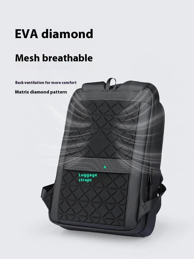Graphite grey Oxford cloth business backpack with an external USB charging port on the strap.