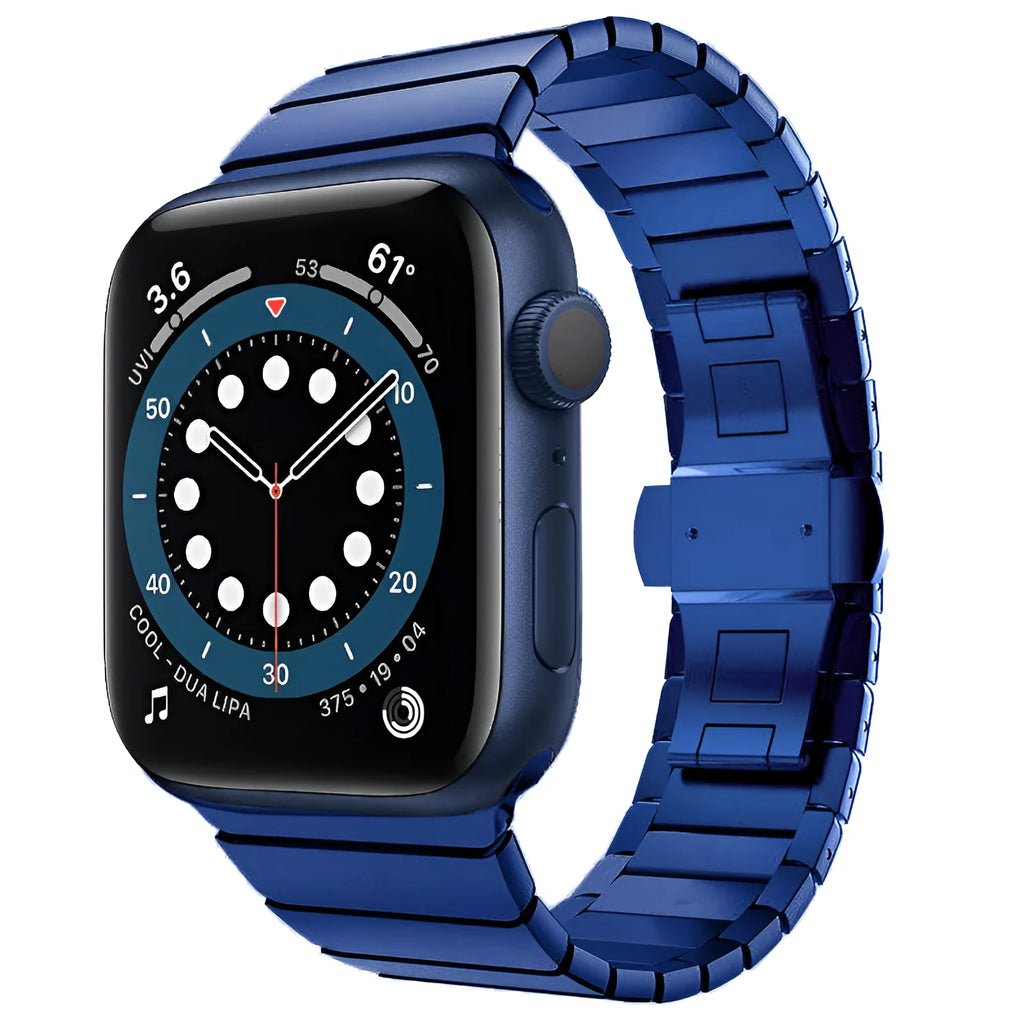 Silver metal Apple Watch band with butterfly clasp on a 40mm compatible watch case.