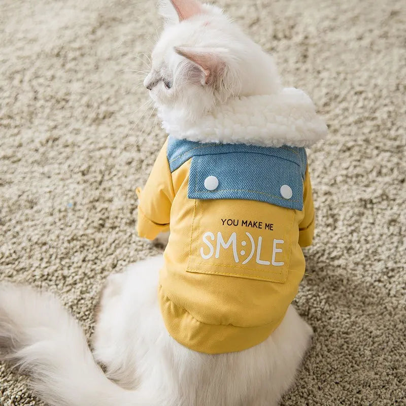 Yellow and light blue denim warm pet coat jacket with lamb velvet lining for dogs and cats