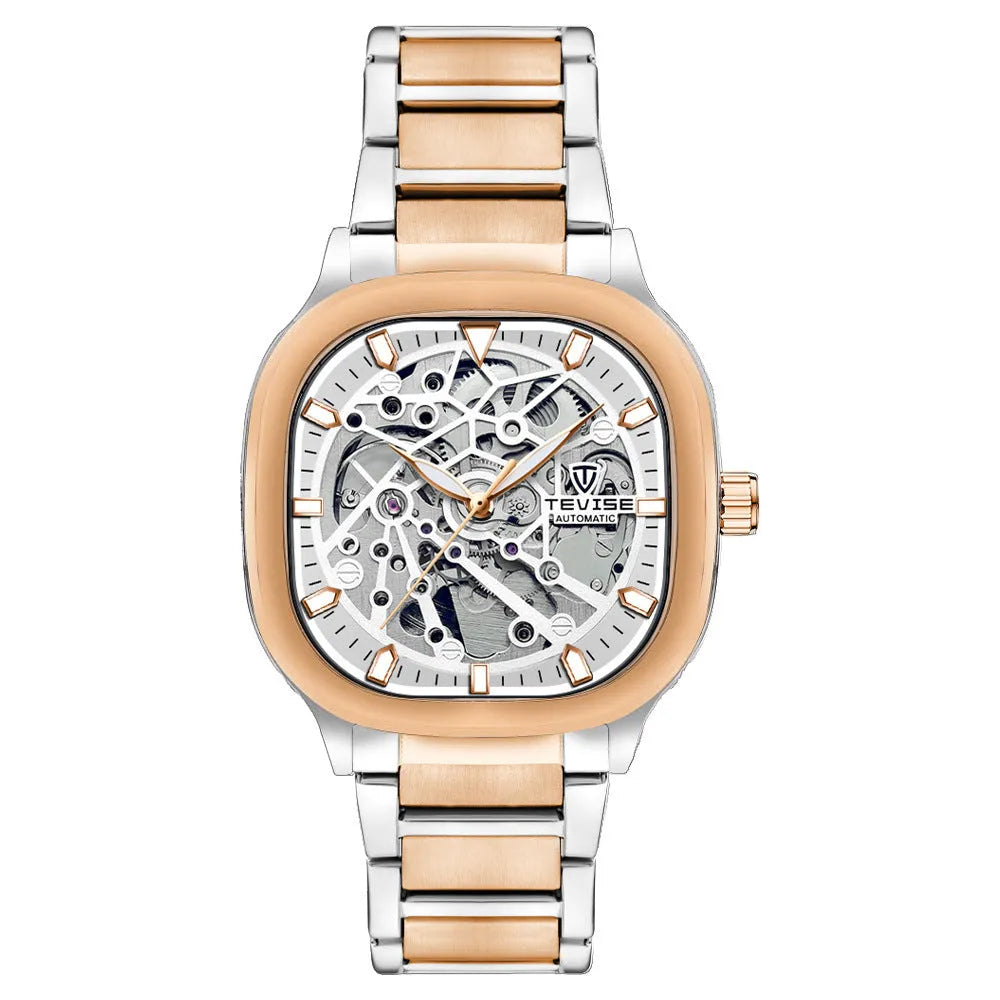 Men's square hollow automatic watch with luminous hands and stainless steel strap